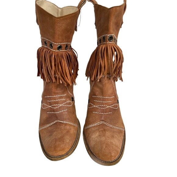 Vintage Western Hobo Camel Fringe Suede Boots Chestnut Women Size 9 ITALY - Picture 2 of 10